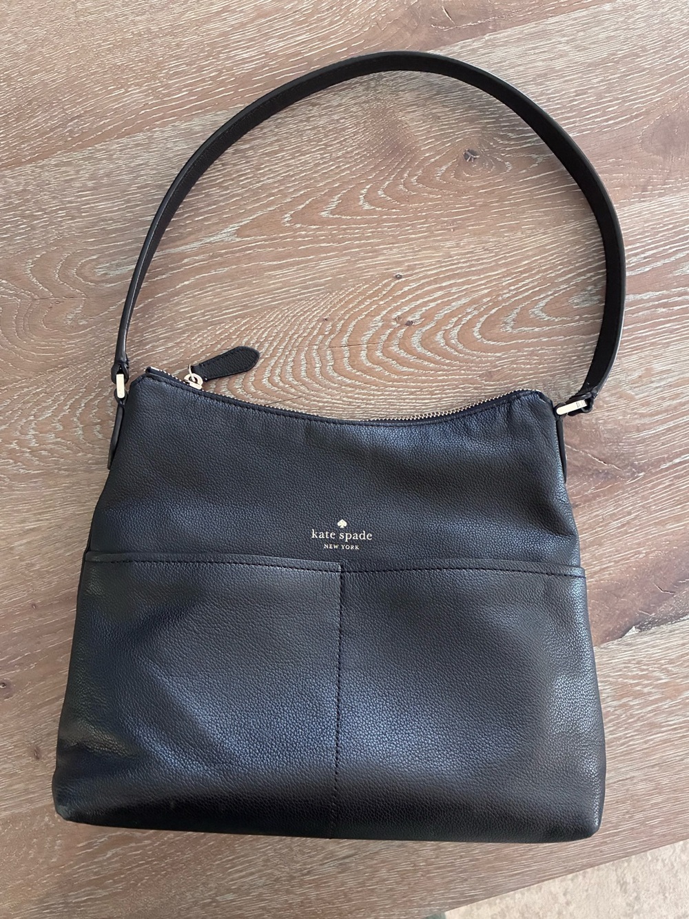 kate spade Black Pebbled Leather Shoulder Bag with Gold Logo